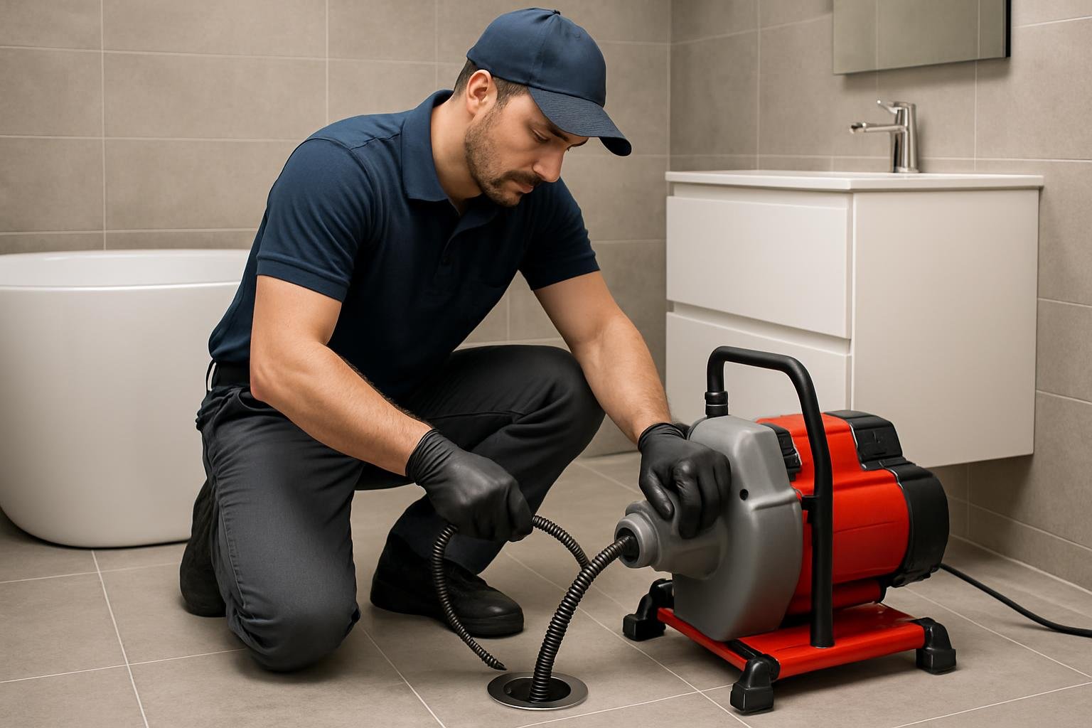 Técnico profissional desentupindo ralo de banheiro com equipamento especializado em ambiente moderno