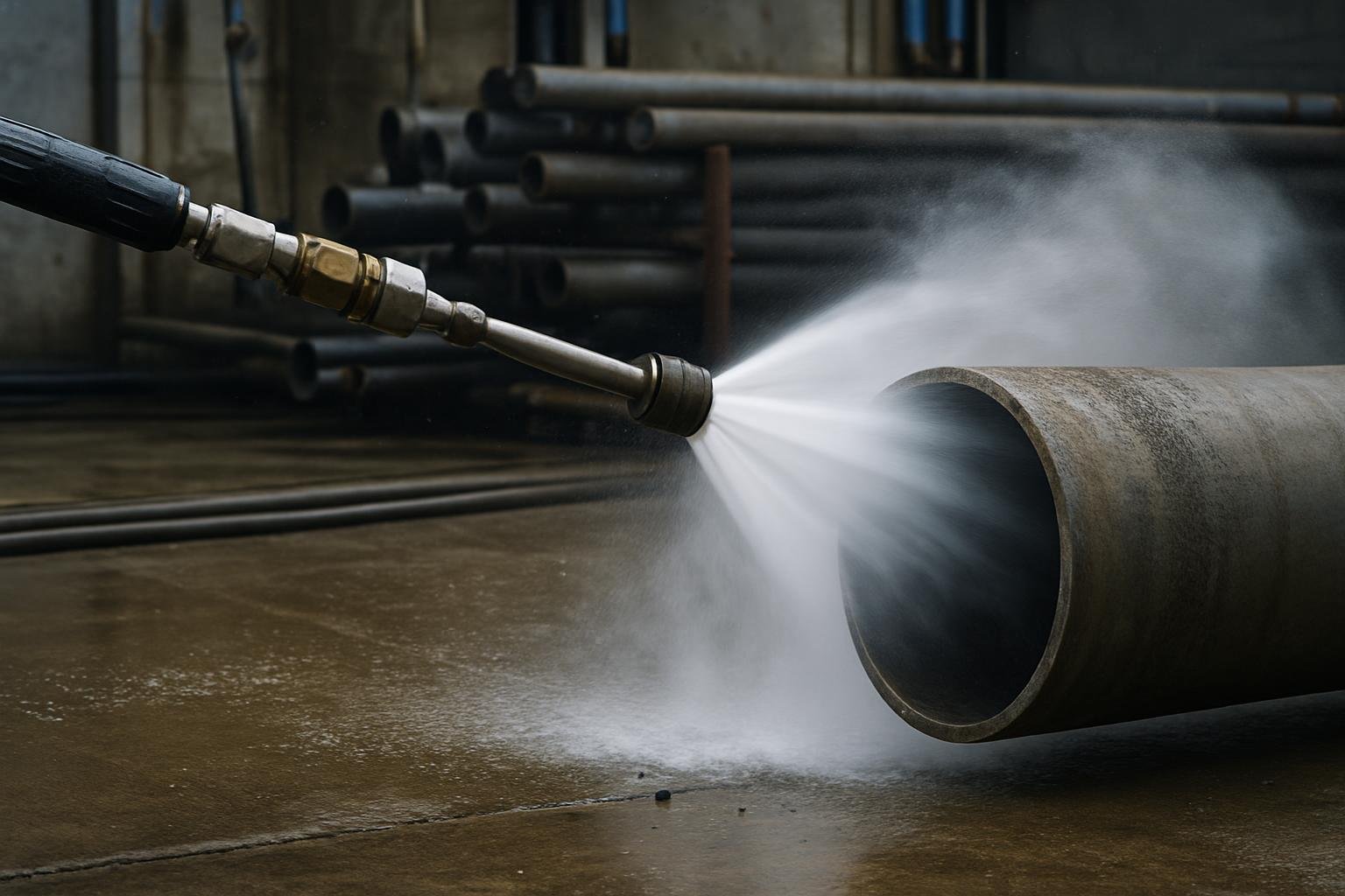 Equipamento de hidrojato profissional limpando tubulação com jato de água de alta pressão até 4000 PSI